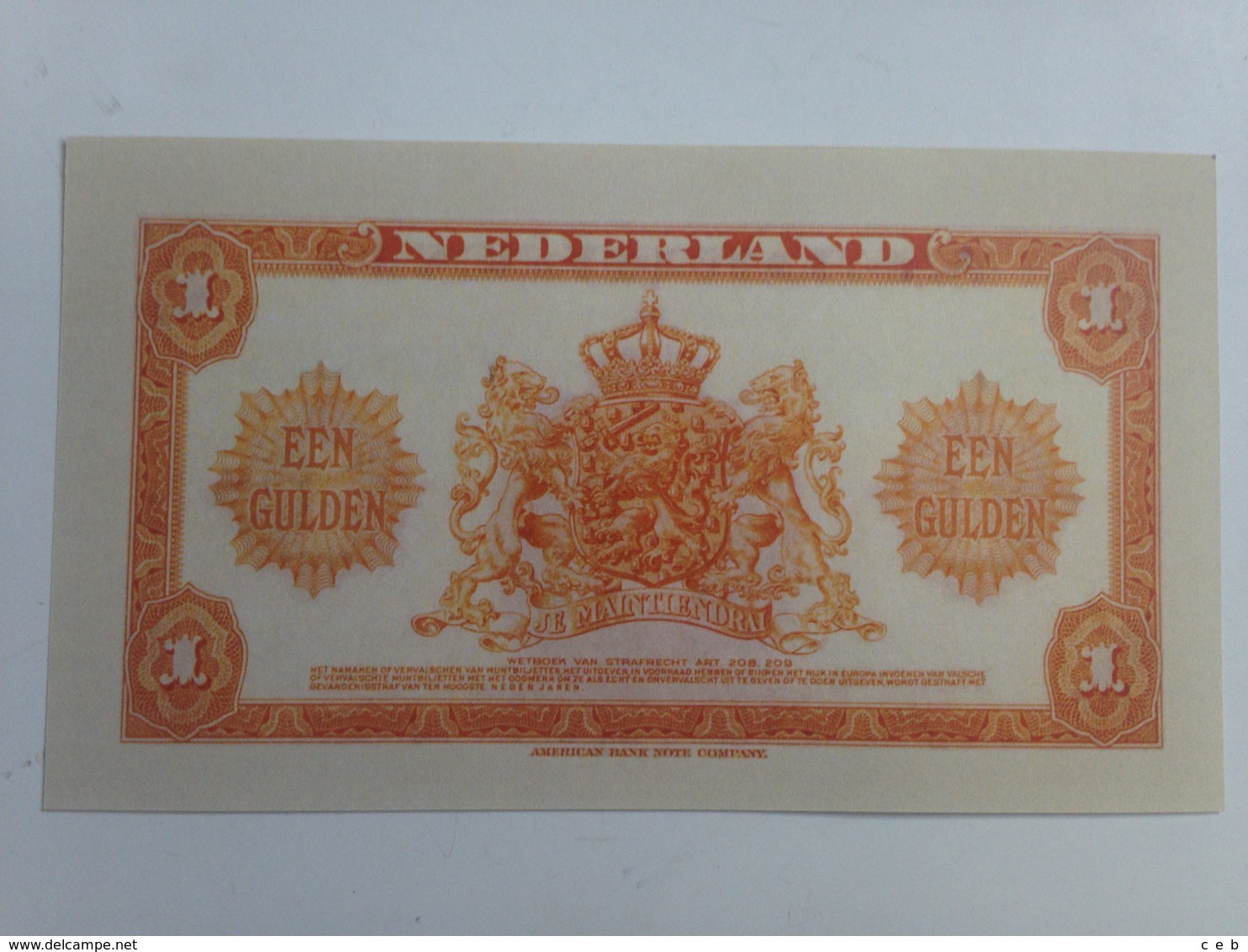 Billete Holanda. 1 Gulden. 1943. Amsterdam. II Guerra Mundial. Réplica. Sin Circular - Andere & Zonder Classificatie