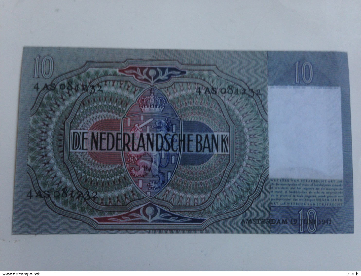 Billete Holanda. 10 Gulden. 1941. Amsterdam. II Guerra Mundial. Réplica. Sin Circular - 10 Gulden