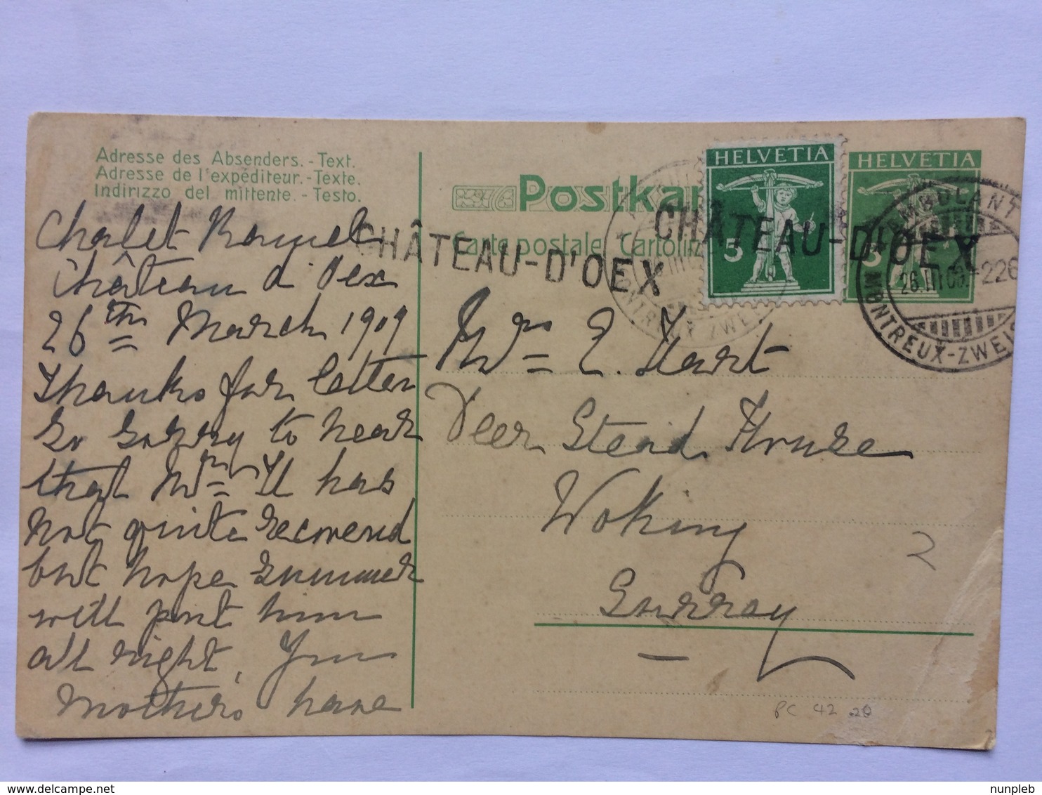 SWITZERLAND 1909 Postcard Uprated With Ambulant Montreux Postmark `Chateau - D`Oex` Cachet Sent To England - Cartas & Documentos