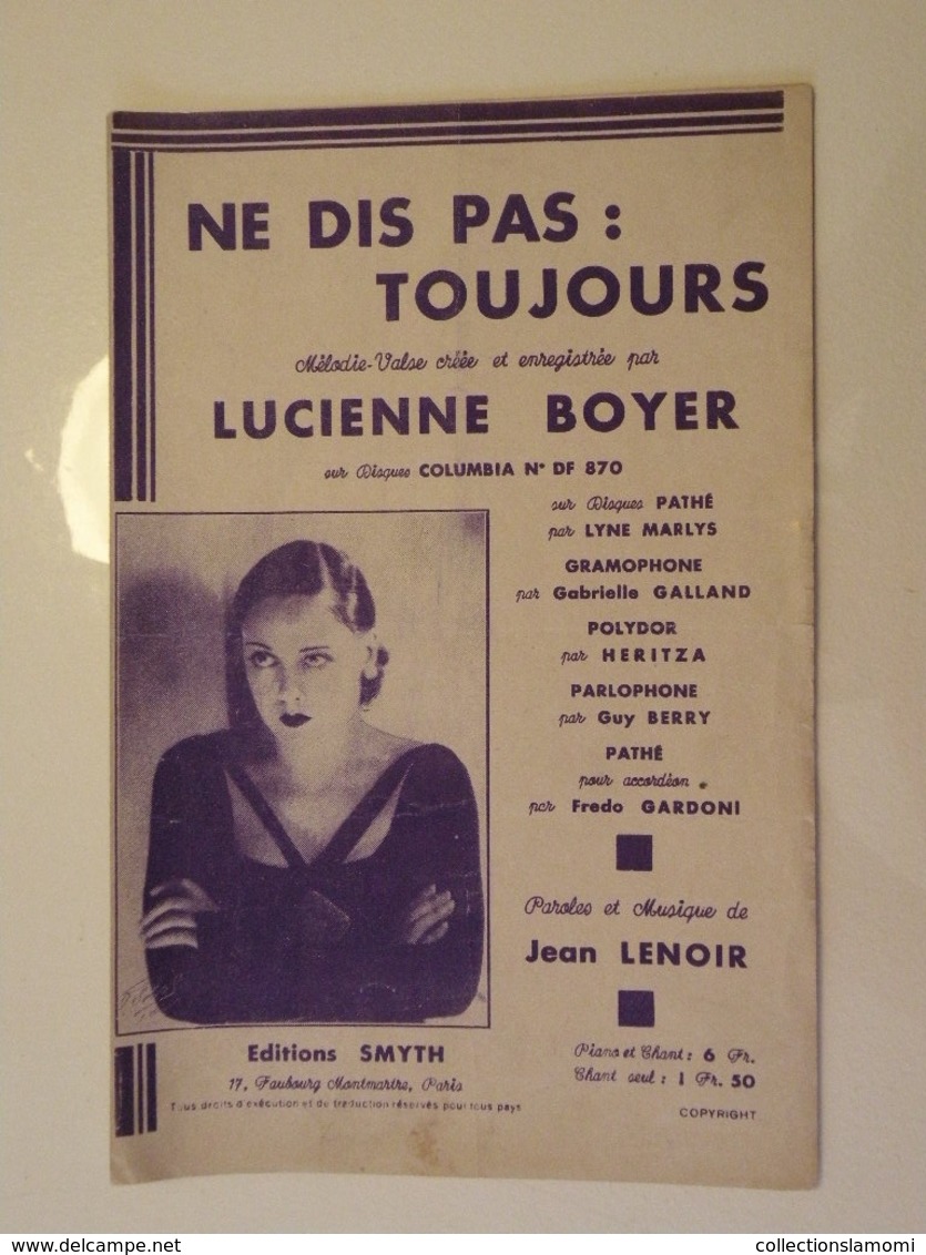 Ne Dis Pas Toujours (Lucienne Boyer)-(musique Jean Lenoir) (paroles Jean Lenoir) (Partition)1931 - Chansonniers
