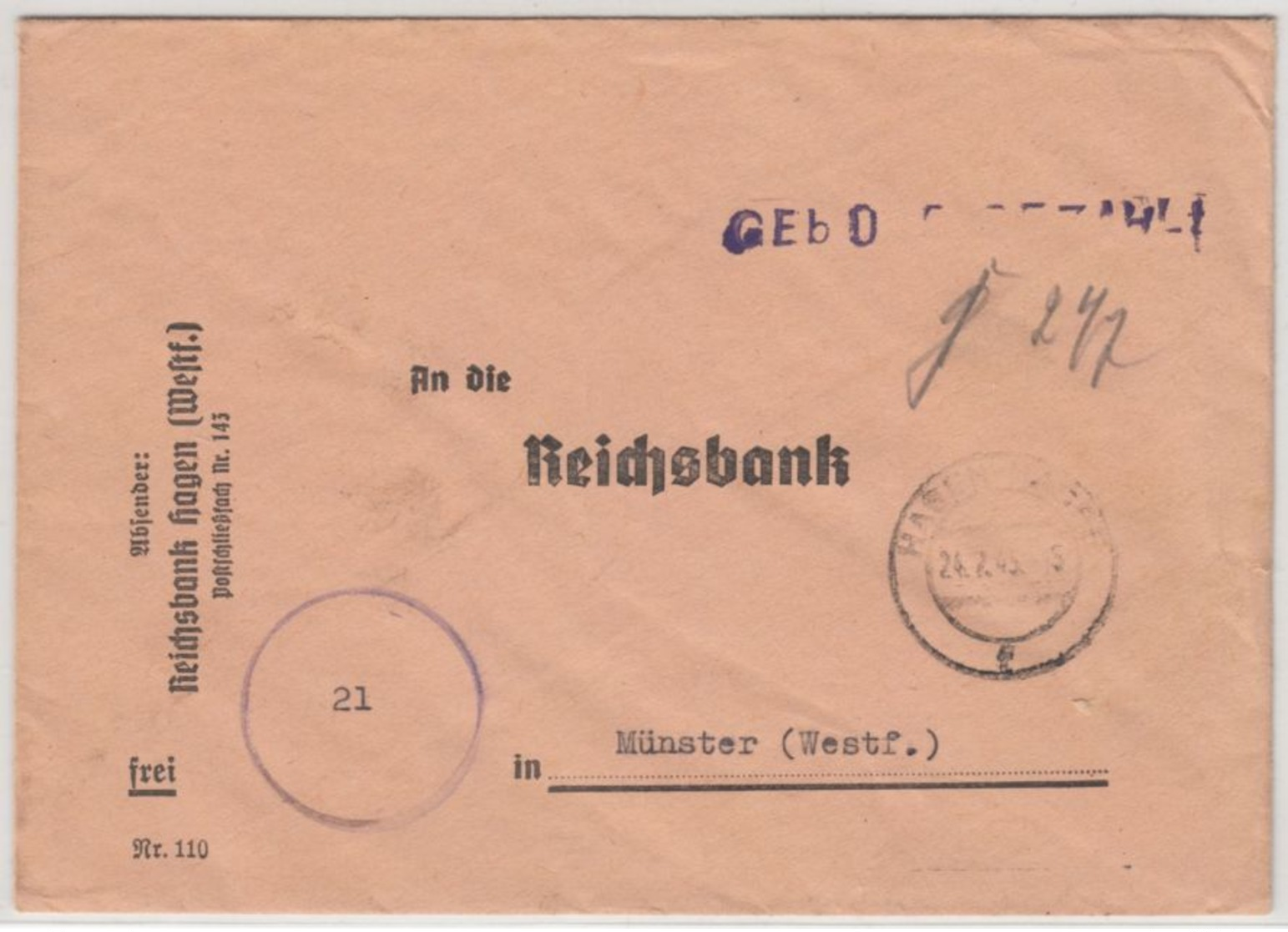 All.Bes. - Hagen 24.7.45, Gebühr Bezahlt, L1 A. Bankbrief N. Münster - Other & Unclassified