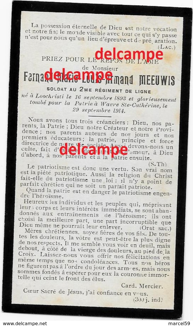 OORLOG GUERRE Fernand Meeuvis Lochristi Soldaat Gesneuveld Te ST Catherina Waver September 1914  Bidprentje Doodsprentje - Devotieprenten