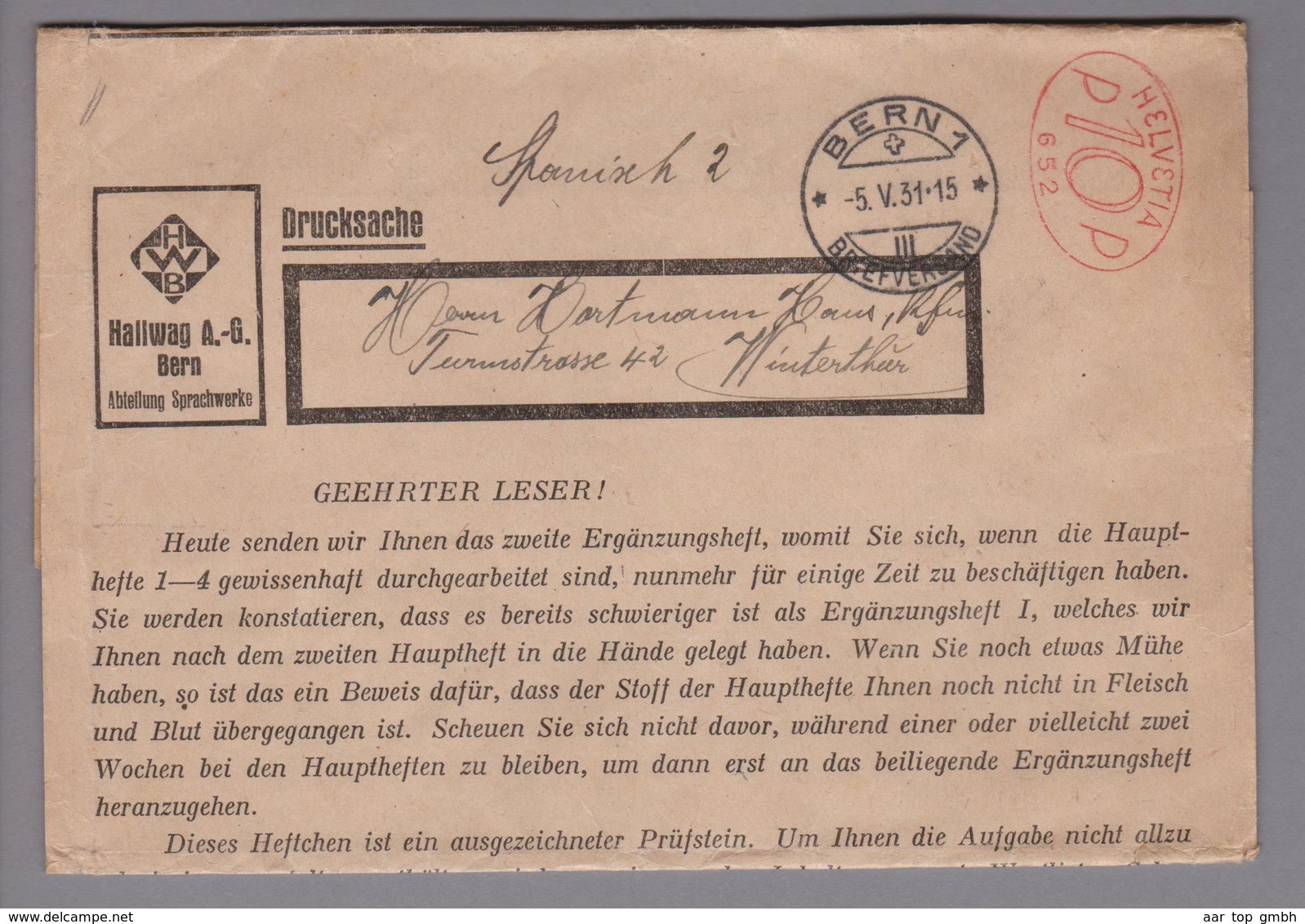 Motiv Landkarten 1931-05-05 Bern1 Firmenfreistempel #652 Hallwag AG - Géographie