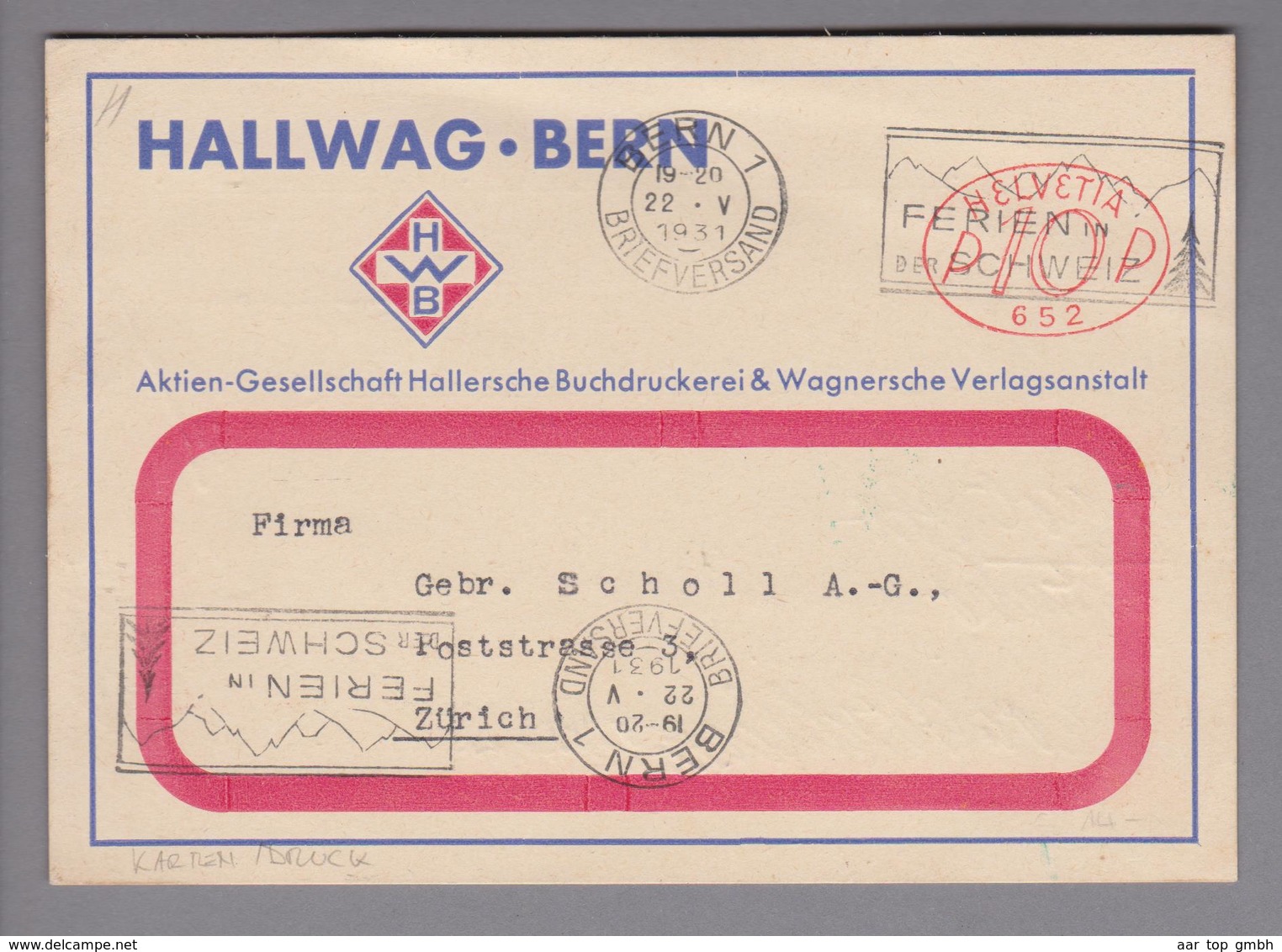 Motiv Landkarten/Druck 1931-05-22 Bern Firmenfreistempel Hallwag - Géographie