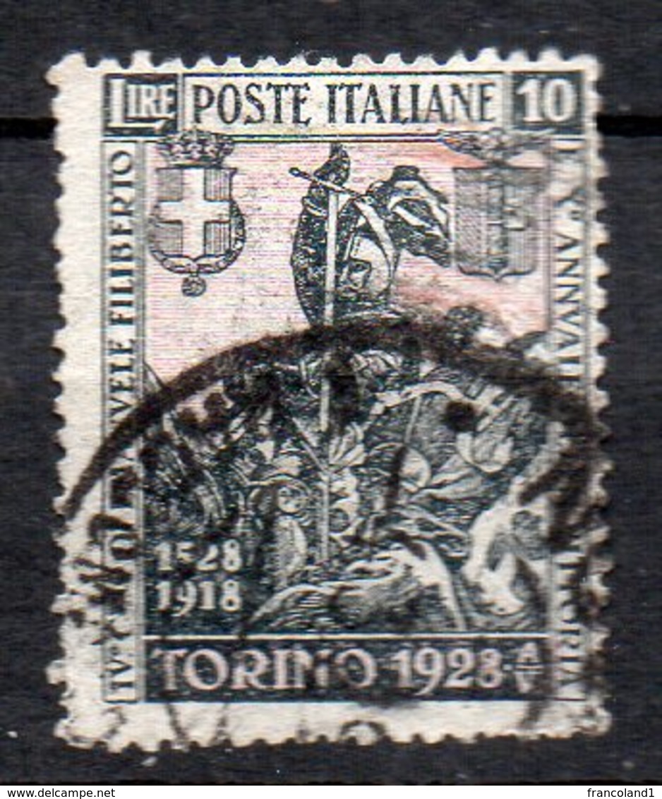 1928 Regno Emanuele Filiberto 10 Lire Nero E Rosa N. 237 Timbrato Used - Used