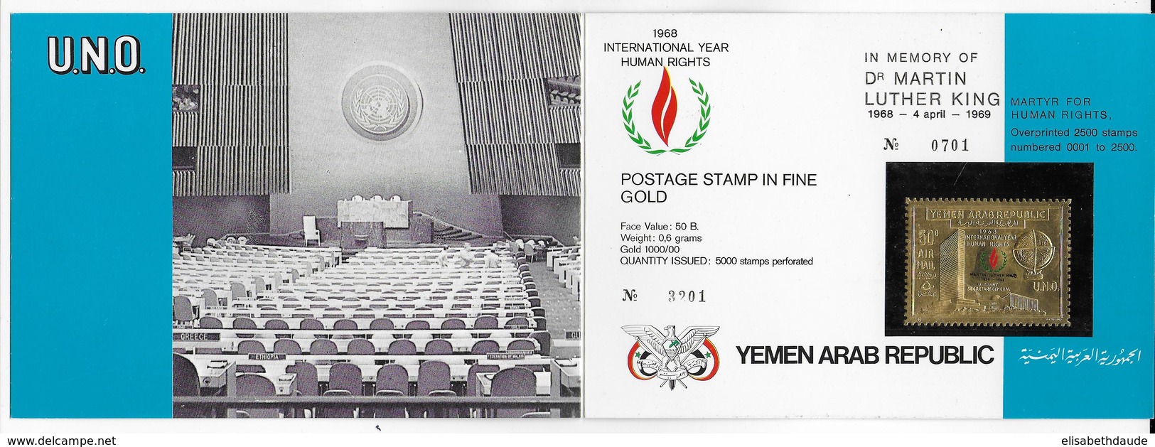 1968 - YEMEN - DROITS DE L'HOMME - HUMAN RIGHTS - RARE TIMBRE En OR MICHEL Nr.750 MARTIN LUTHER KING - Yemen