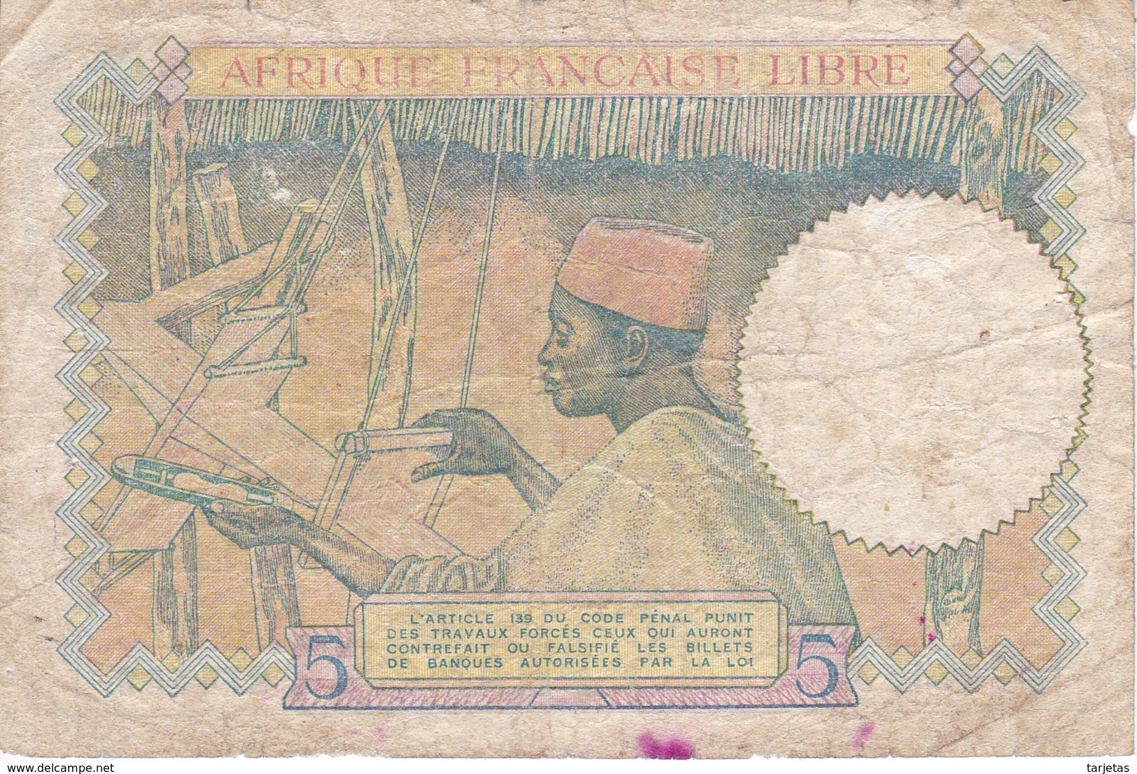 BILLETE DE AFRIQUE FRANCAISE LIBRE DE 5 FRANCS DEL AÑO 1941  (BANKNOTE) - Otros – Africa