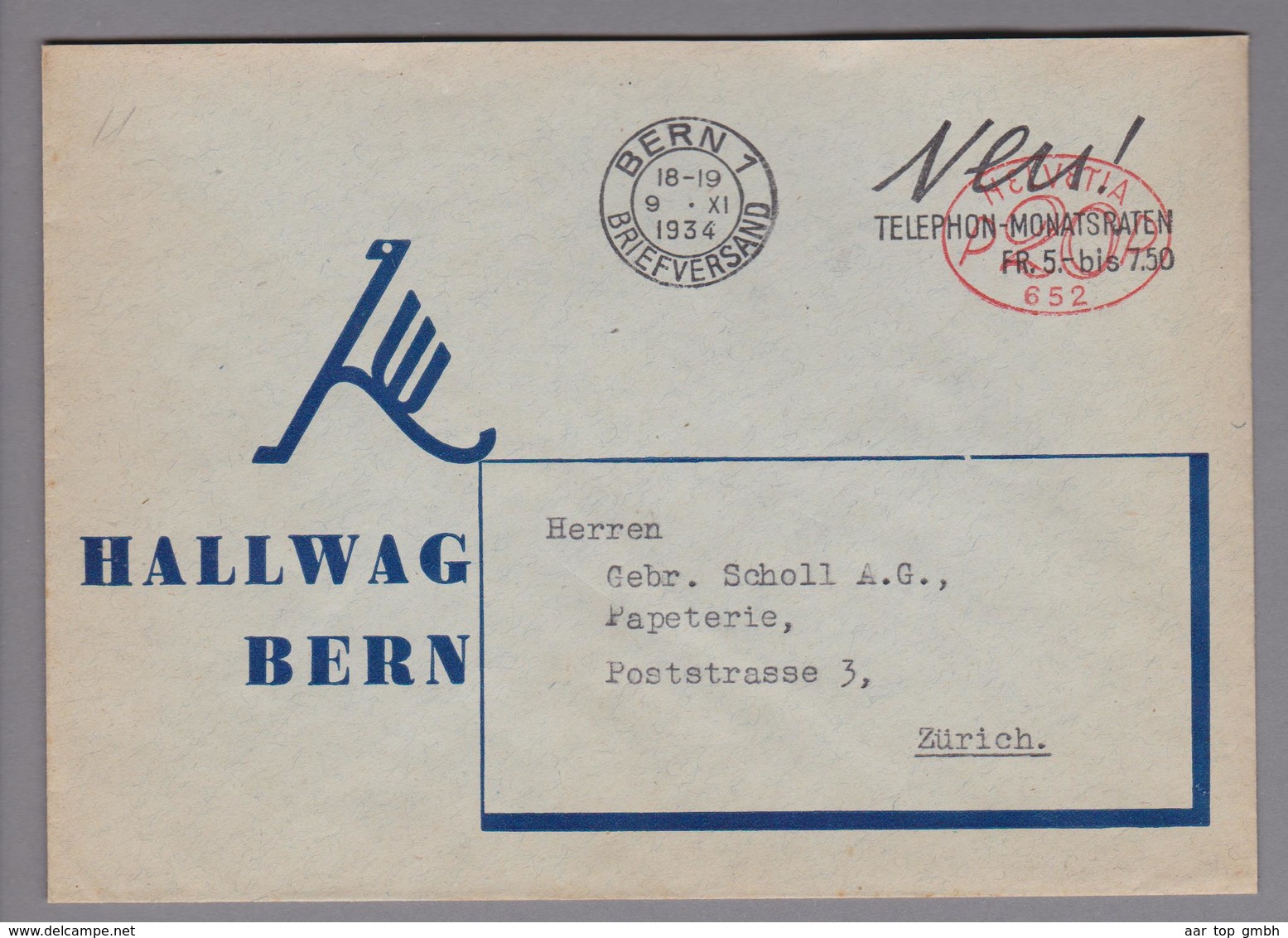 Motiv Landkarten/Druck 1934-11-09 Firmenfreistempel #652 Hallwag Bern - Géographie