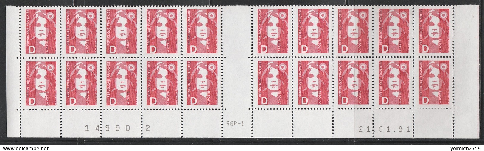 2712 "D"  BRIAT ROUGE - BAS De FEUILLES X 20 - RGR 1  Du 21.01.91 - 1989-1996 Marianne Du Bicentenaire