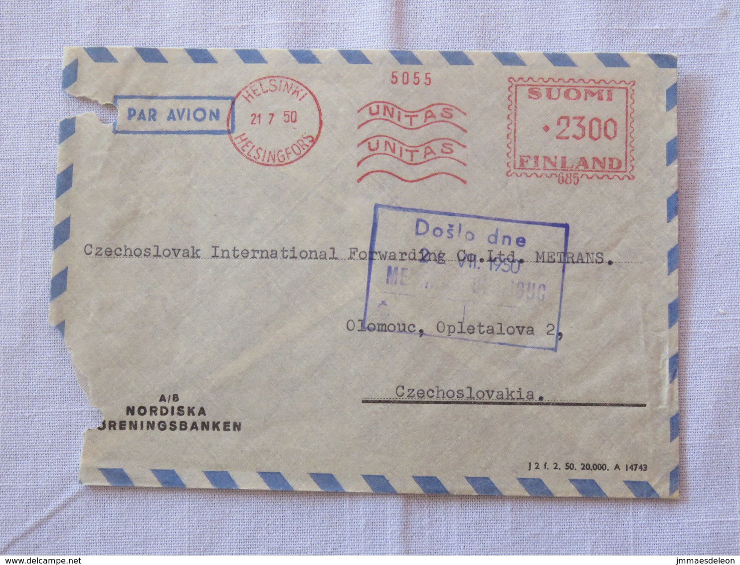 Finland 1950 Cover Helsinki To Czechoslovakia - Machine Franking - Covers & Documents