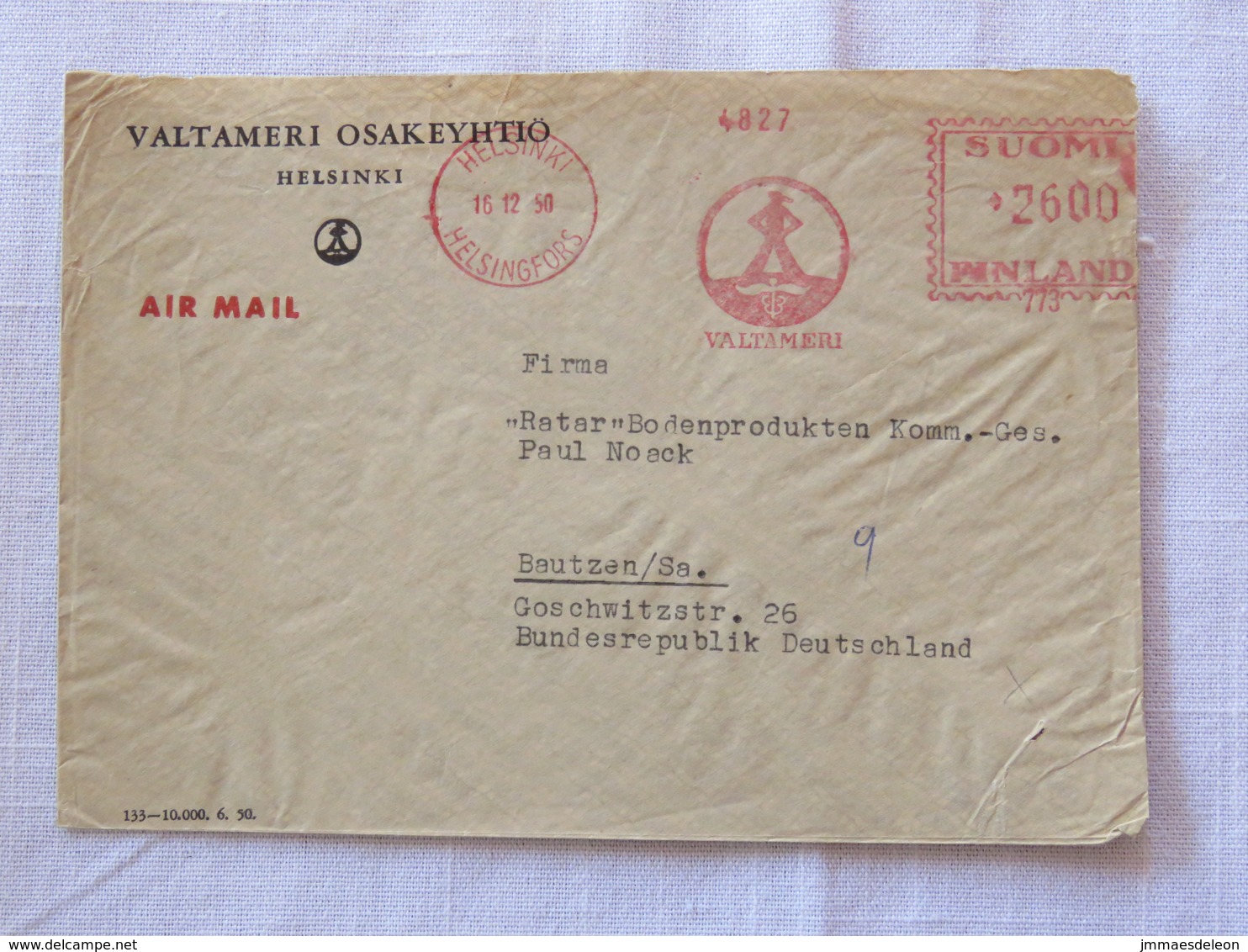 Finland 1950 Cover Helsinki To Germany - Machine Franking - Covers & Documents