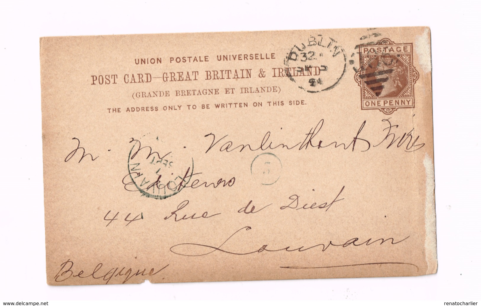 Entier Postal à 1/2 Penny. Expédié De Dublin à Louvain (Belgique) - Entiers Postaux