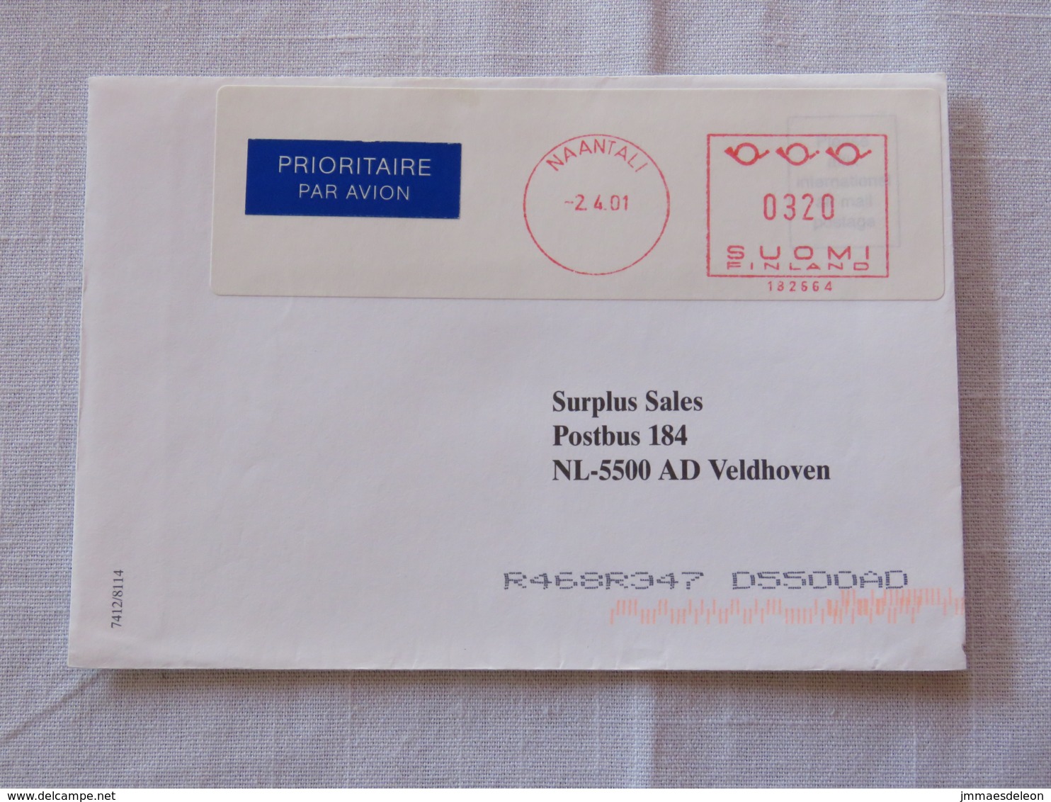 Finland 2001 Cover Naantali To Holland - Machine Franking - Brieven En Documenten