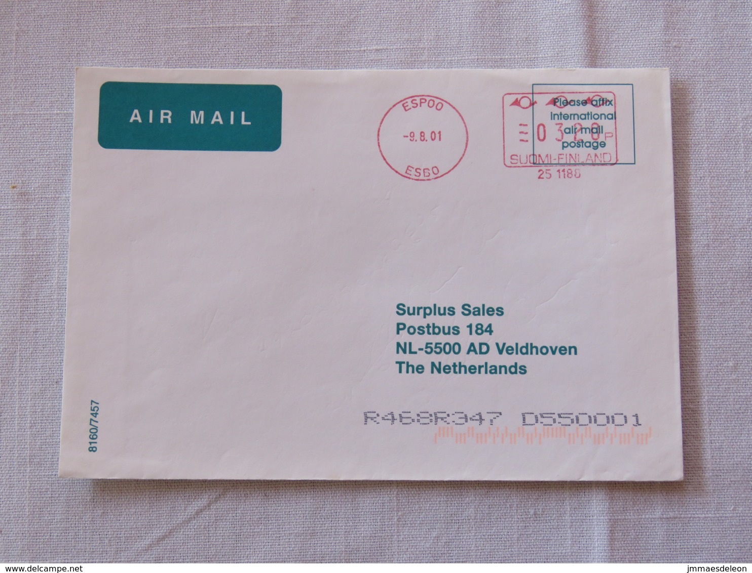 Finland 2001 Cover Espoo To Holland - Machine Franking - Storia Postale