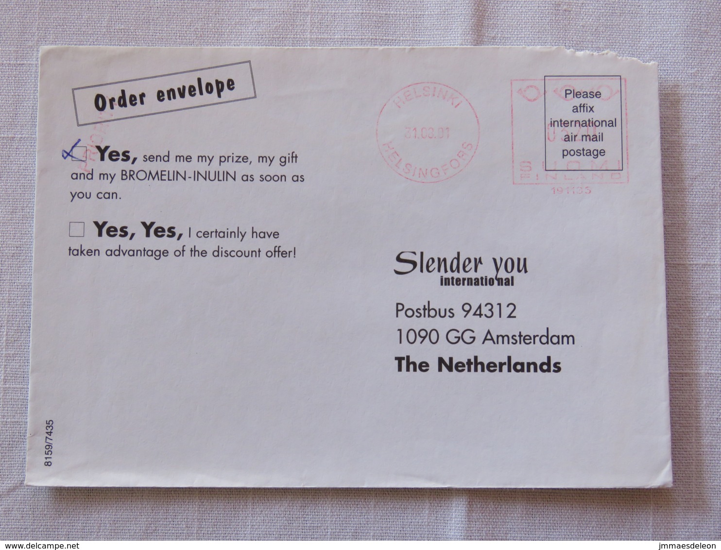 Finland 2001 Cover Helsinki To Holland - Machine Franking - Lettres & Documents
