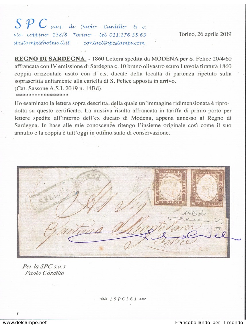 ANTICHI STATI IV SARDEGNA Missiva  Affrancata Con Coppia Orizzontale 10c Bruno Olivastro Scuro 14Bd Certificata Cardillo - Sardaigne