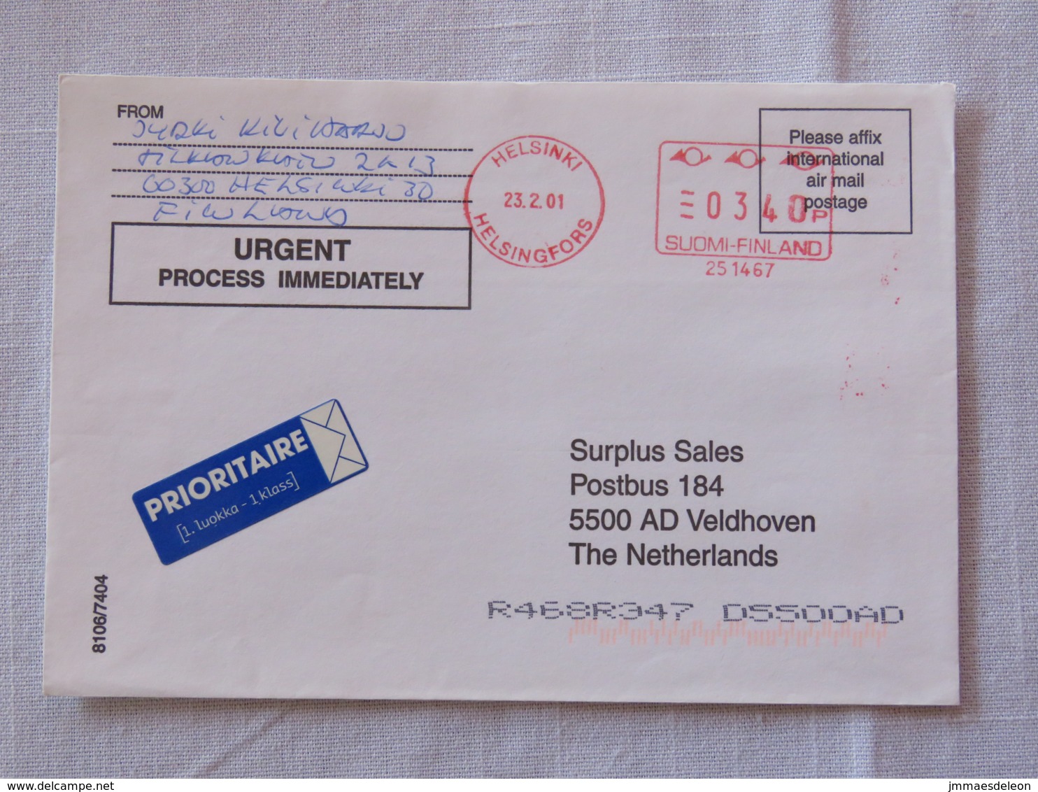 Finland 2001 Cover Helsinki To Holland - Machine Franking - Lettres & Documents