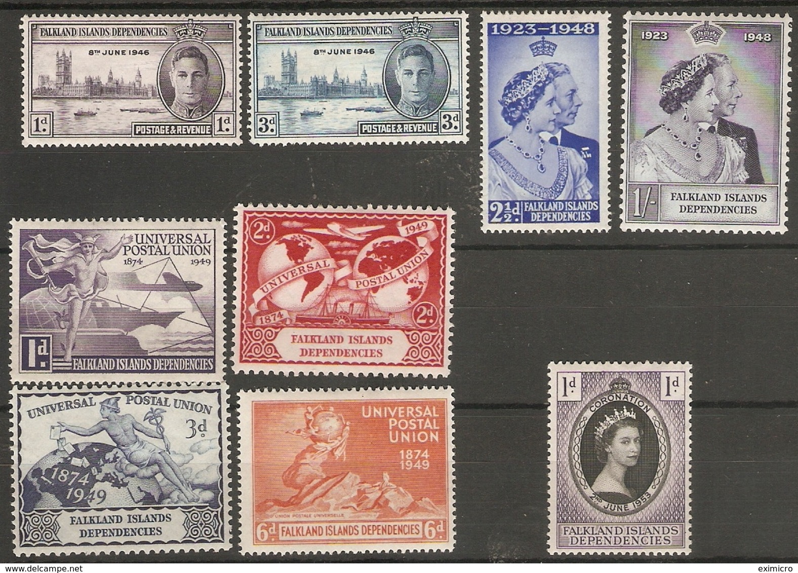 FALKLAND ISLANDS DEPENDENCIES 1946 - 1953 COMMEMORATIVE SETS INCLUDING SILVER WEDDING AND UPU (LIGHTLY )MOUNTED MINT - Falkland