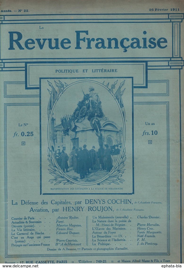 La Revue Française N° 22 , 26/02/1911. Carnavel De Binche. L'oeuvre Des Marinniers De L'Abbé Plateau (Sauchy-Cauchy) - Belgique