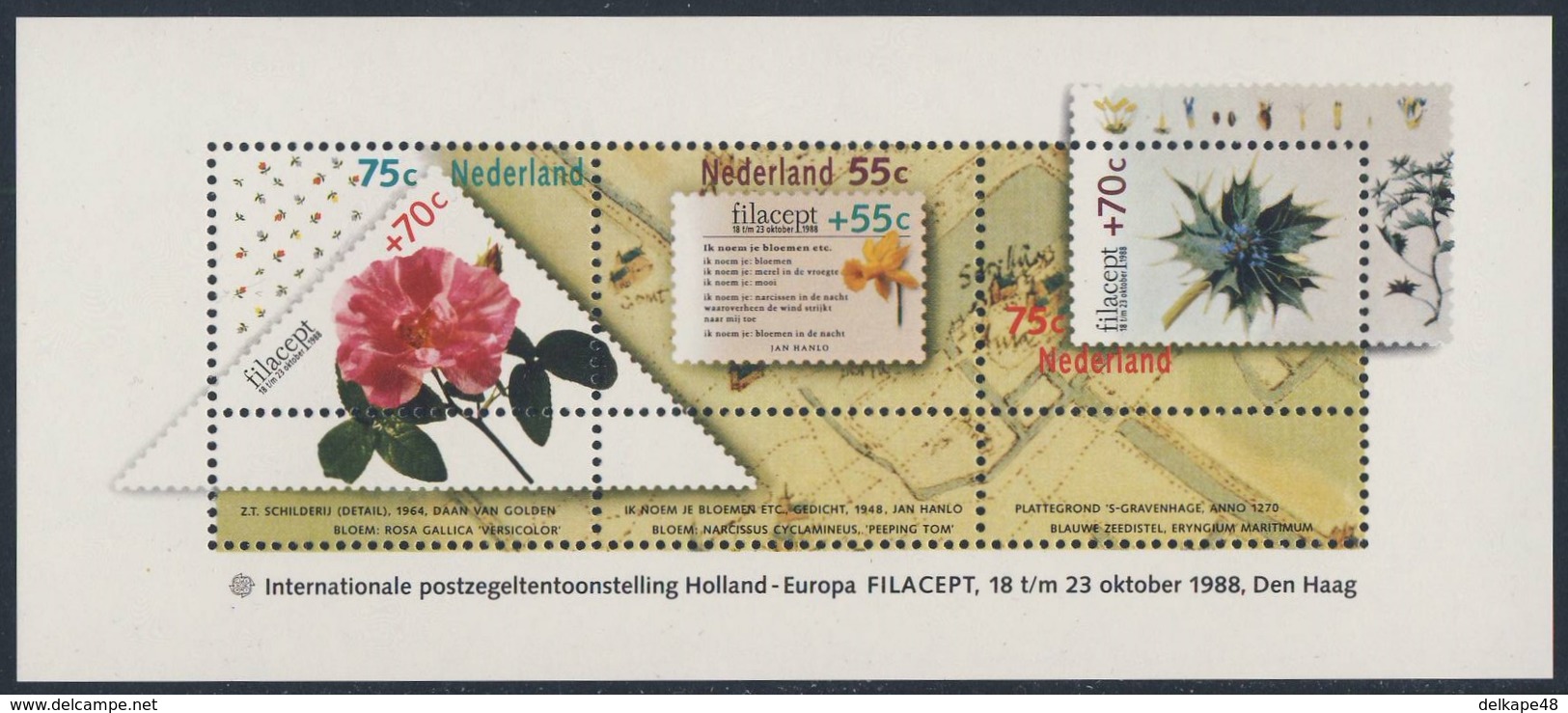 Nederland Netherlands Pays Bas 1988 B 31 YT B31 SG 1542 ** Narcissus, Rosa, Eryngium Maritimum - "Filacept '88" Den Haag - Andere & Zonder Classificatie