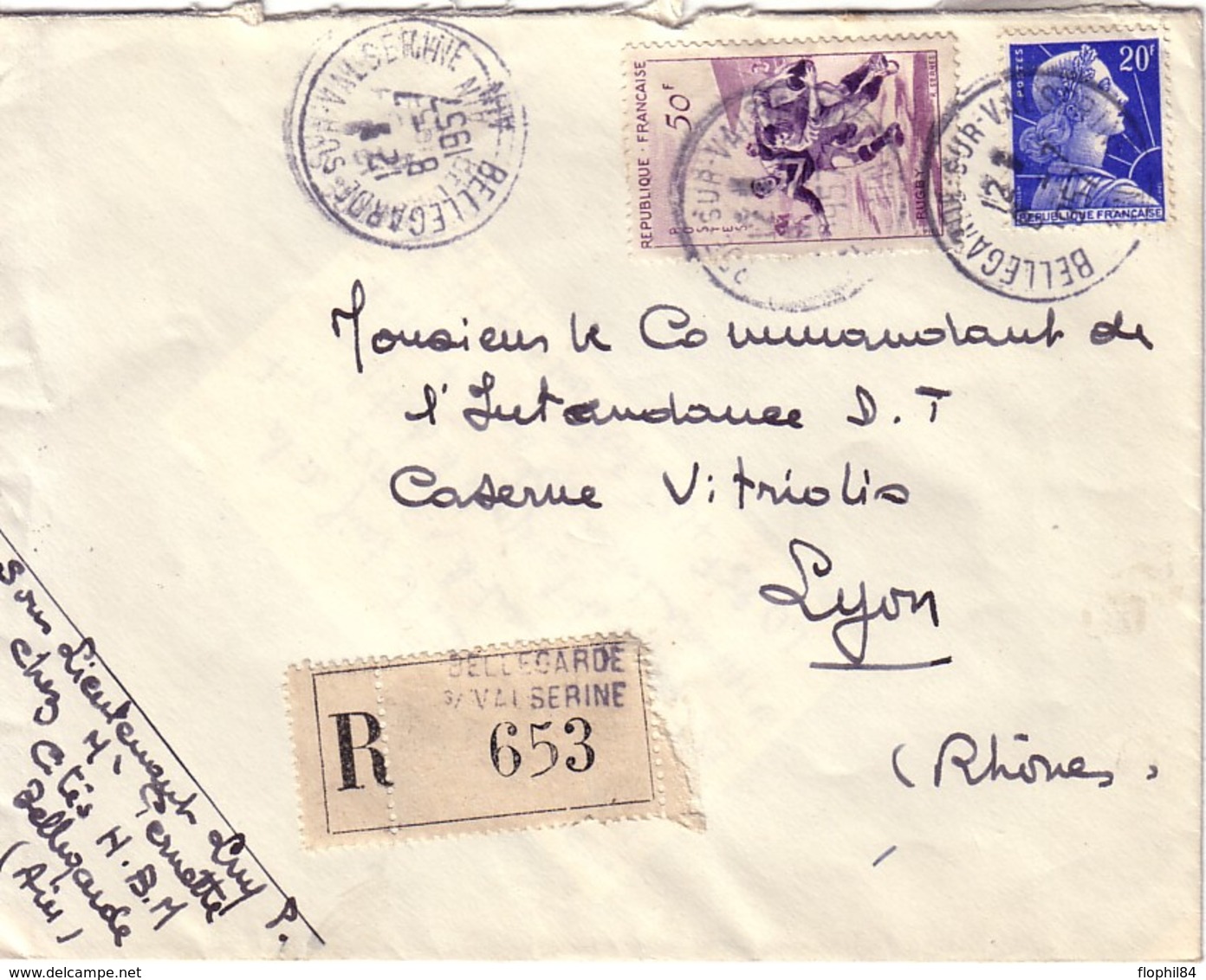 MULLER - AIN - BELLEGARDE S/ VALSERINE- LETTRE RECOMMANDEE - AFFRANCHISSEMENT A 70F - 1957 - MILITAIRE A MILITAIRE - Postal Rates