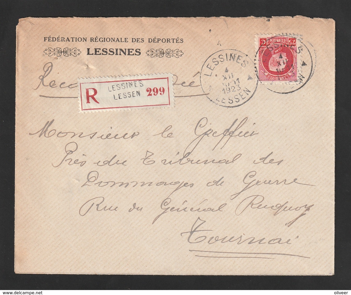 Montenez - Nr. 212 -  75 Ct. Op Aangetekende Brief Van LESSINES Naar Tournai - 1921-1925 Petit Montenez