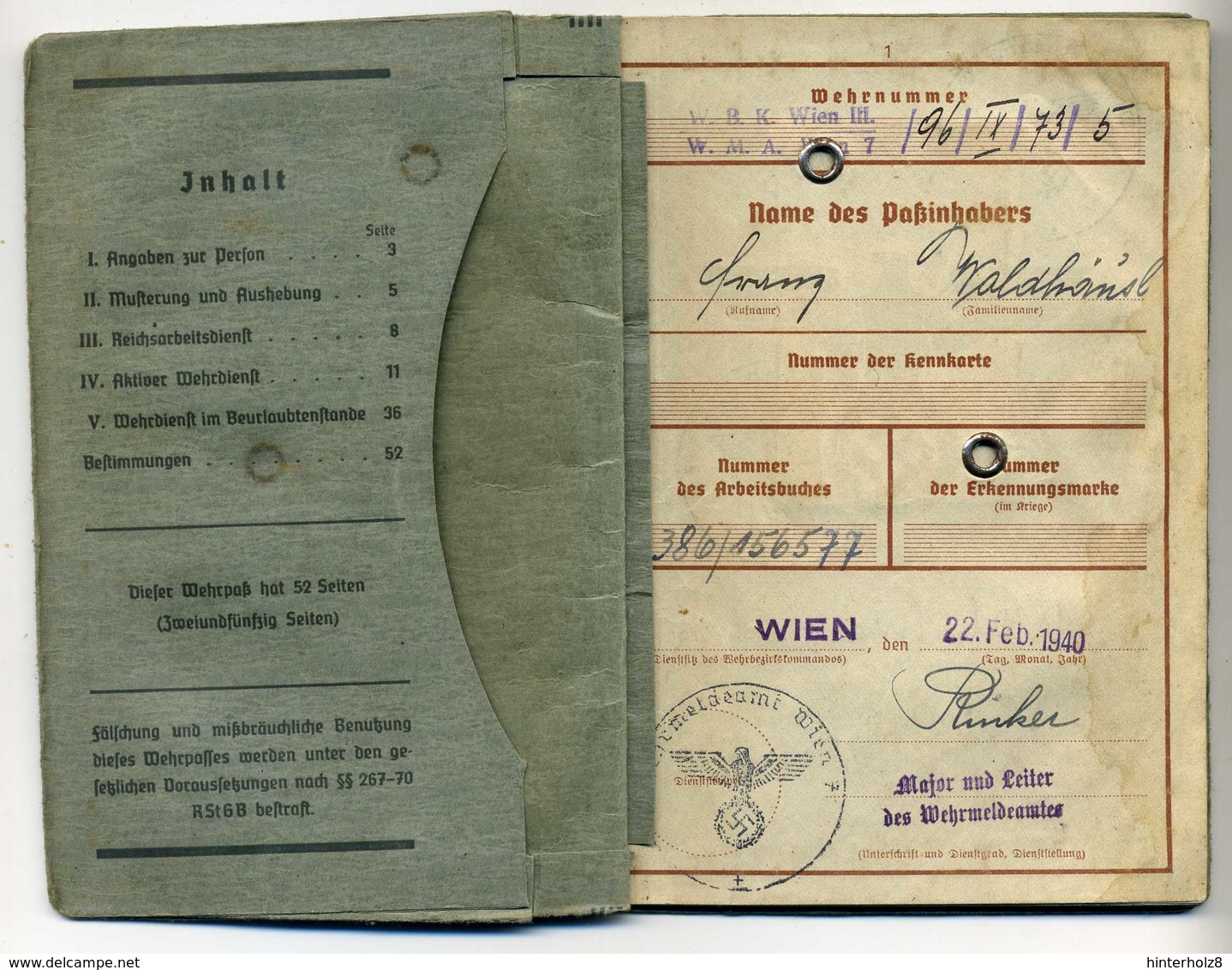 Ostmark / Wien; Wehrpass Ausgestellt 1940 - Documents