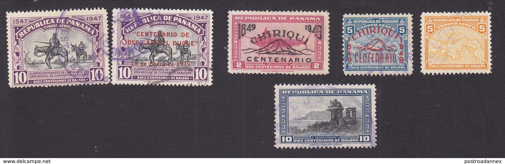 Panama, Scott #C106-C109, C112-C113, Used, Cervantes, Regular Issues Overprinted, Map, Gate, Issued 1948-49 - Panama