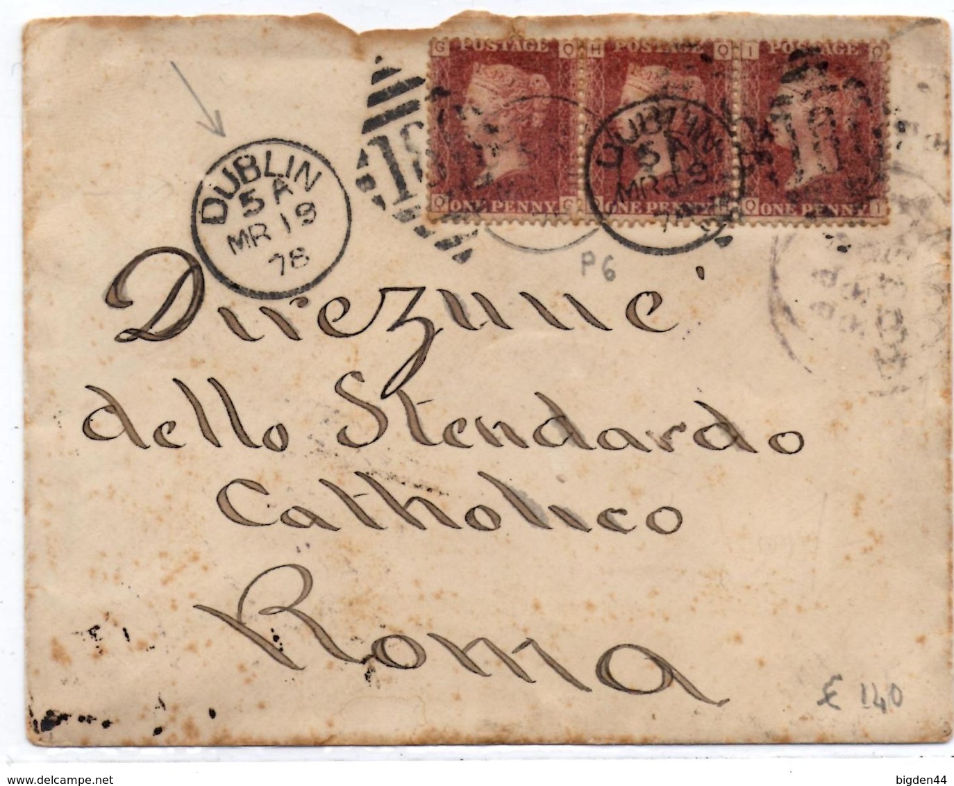 Lettre De Dublin Bande De Trois 1 Penny (19.03.1878) Pour Roma - Covers & Documents