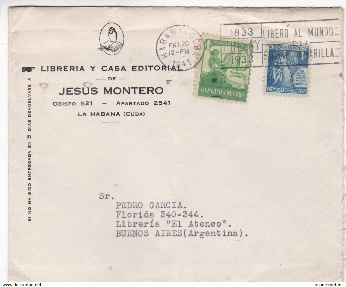 LIBRERIA Y CASA EDITORIAL JESUS MONTERO-COMMERCIAL ENVELOPE CIRCULEE 1933 HABANA, CUBA TO BUENOS AIRES - BLEUP - Mexico