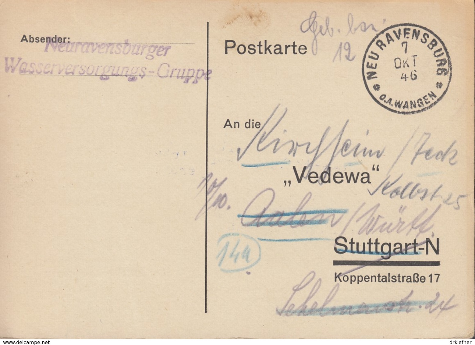 FrzZone  Gebühr Bezahlt, Barfrankatur MiNr. A 1, Neuravensburg 7.OKT 1946 - Altri & Non Classificati