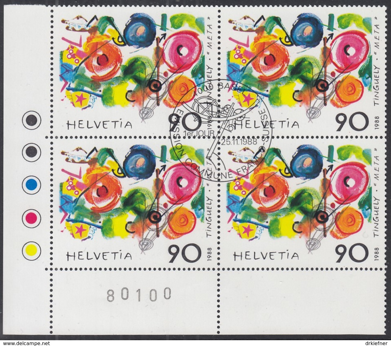 SCHWEIZ 1380, 4erBlock Eckrand, Gestempelt*, Jean Tinguely 1988 - Blocks & Sheetlets & Panes