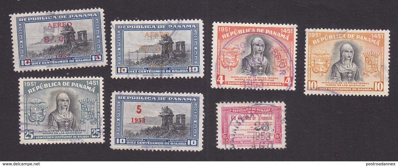 Panama, Scott #C127-C128, C131, C133-C134, C137-C138, Used, Gate Surcharged, Isabella I, Masthead, Issued 1952-53 - Panama
