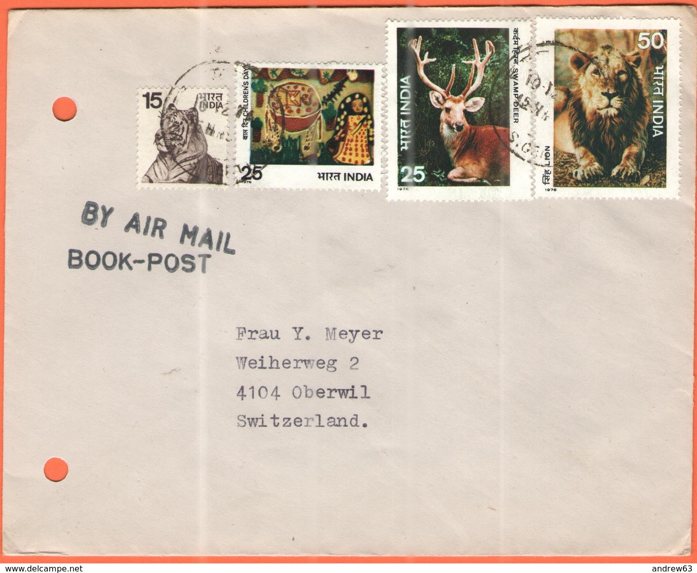 INDIA - 1977 - 15 Tiger + 25 Children's Day + 25 Swamp Deer + 50 Lion - Air Mail - Book-Post - Viaggiata Da Madras Per O - Storia Postale