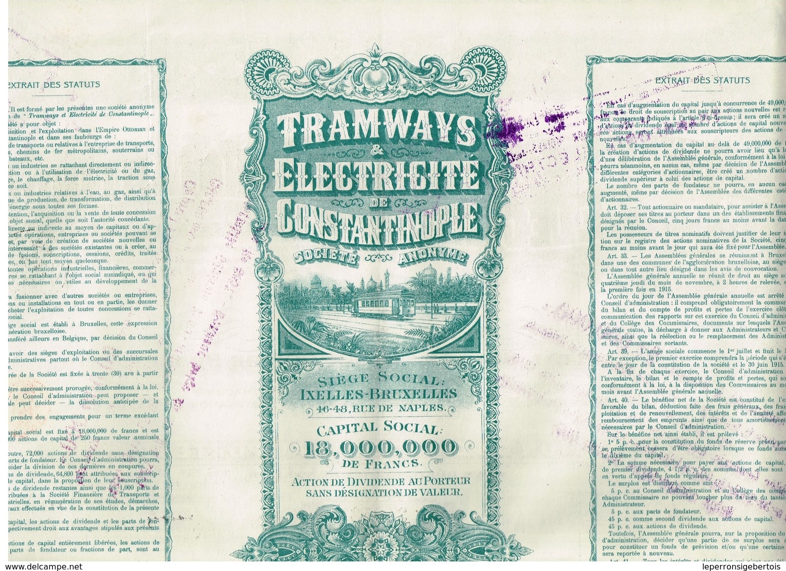 Ancienne Action - Tramways & Electricité De Constantinople - Titre De 1914 - N° 34953 - Bahnwesen & Tramways