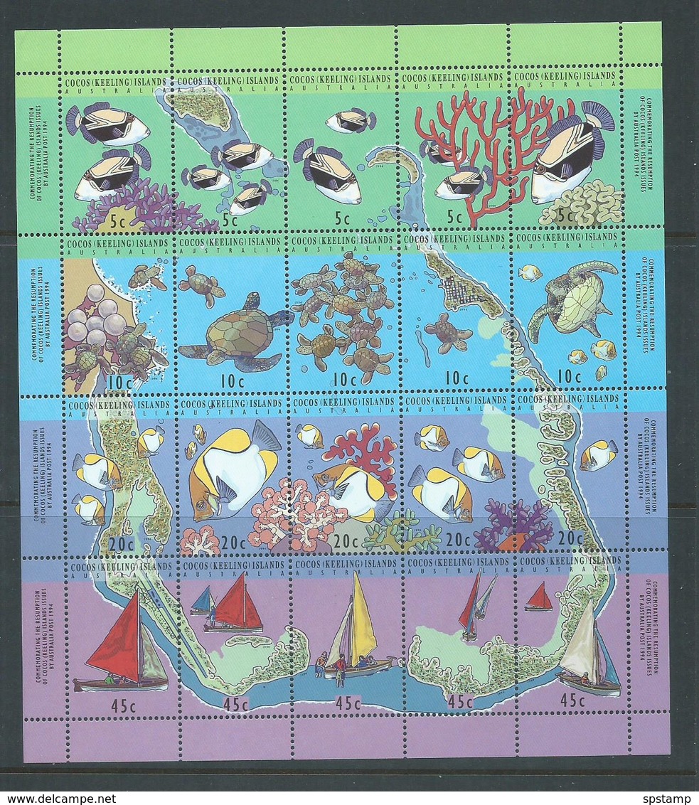 Cocos Keeling Island 1994 Map & Reef Life Sheetlet Of 16 MNH - Cocos (Keeling) Islands