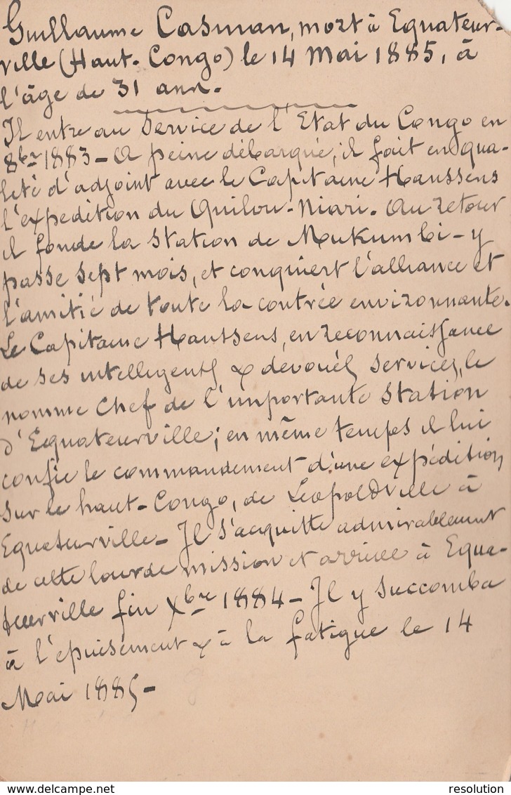 Carte-photo Guillaume CASMAN - Mort à Equateur-ville En 1885 (Haut-Congo) (texte Au Dos) - 1884-1894