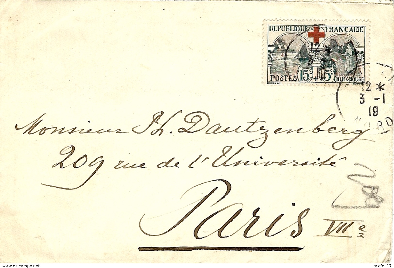 1919- Enveloppe  Affr. N° 156 SEUL Pour Paris - 1877-1920: Periodo Semi Moderno