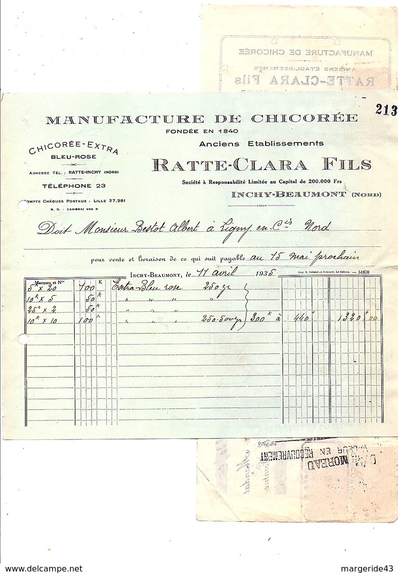 1935  FACTURE + TRAITE RATTE-CLARA MANUFACTURE DE CHICOREE à INCHY-BEAUMONT NORD - 1900 – 1949