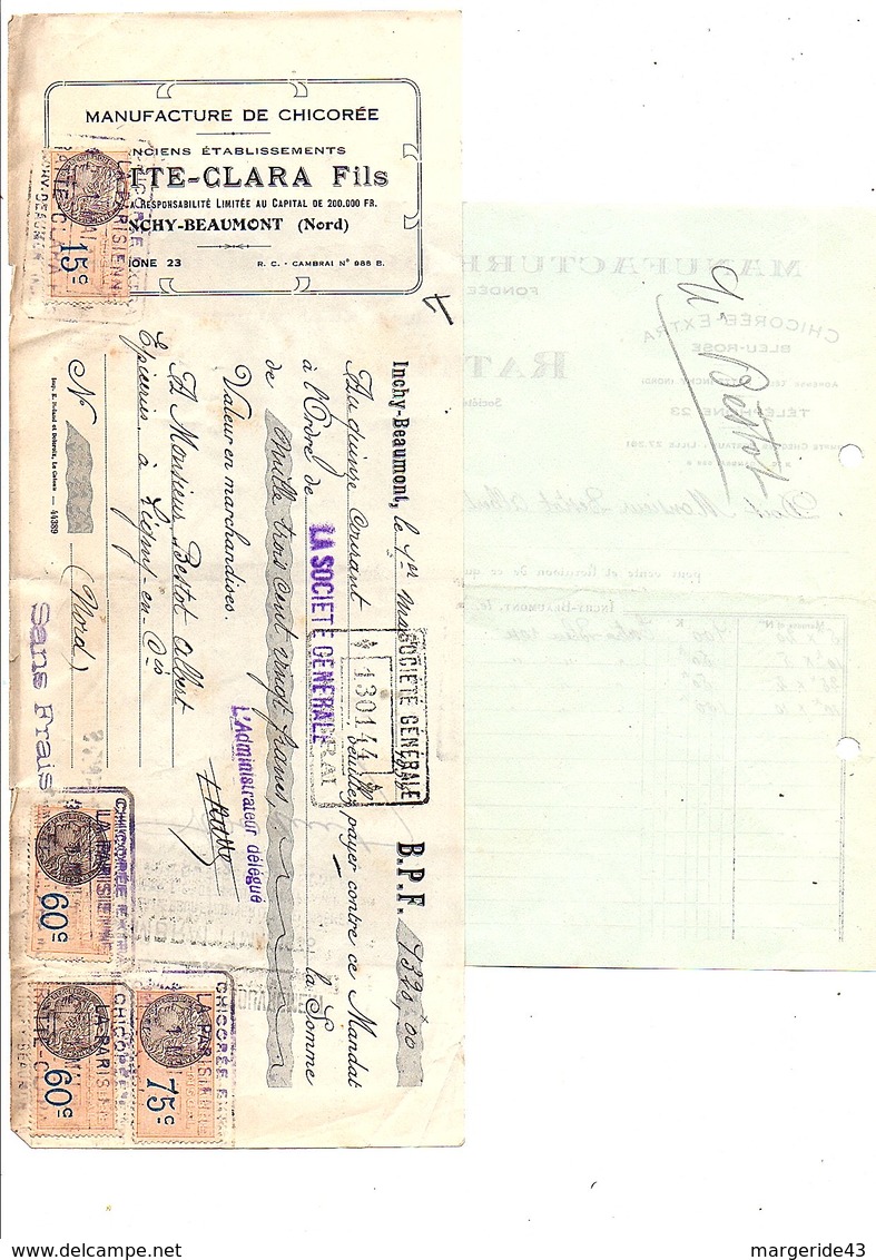 1935  FACTURE + TRAITE RATTE-CLARA MANUFACTURE DE CHICOREE à INCHY-BEAUMONT NORD - 1900 – 1949