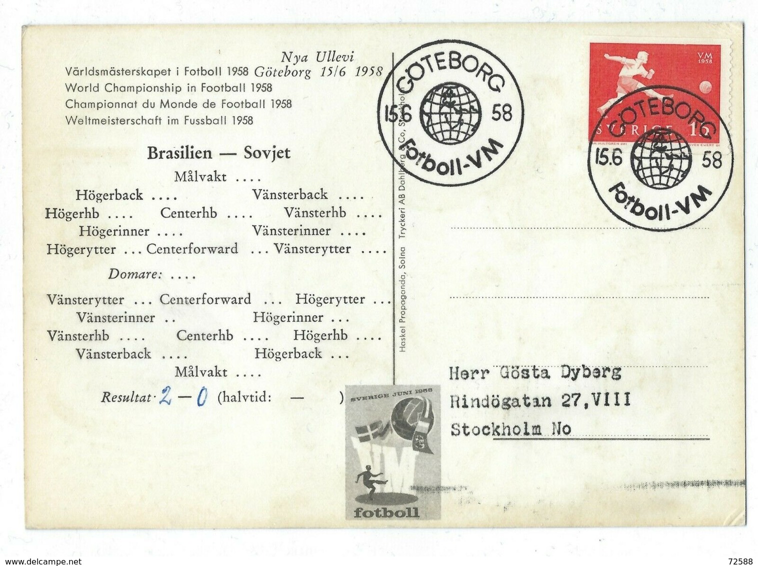 Sweden,postcard, Soccer,football, World Cup- 1958 Goteborg 15.6.58 - 1958 – Schweden