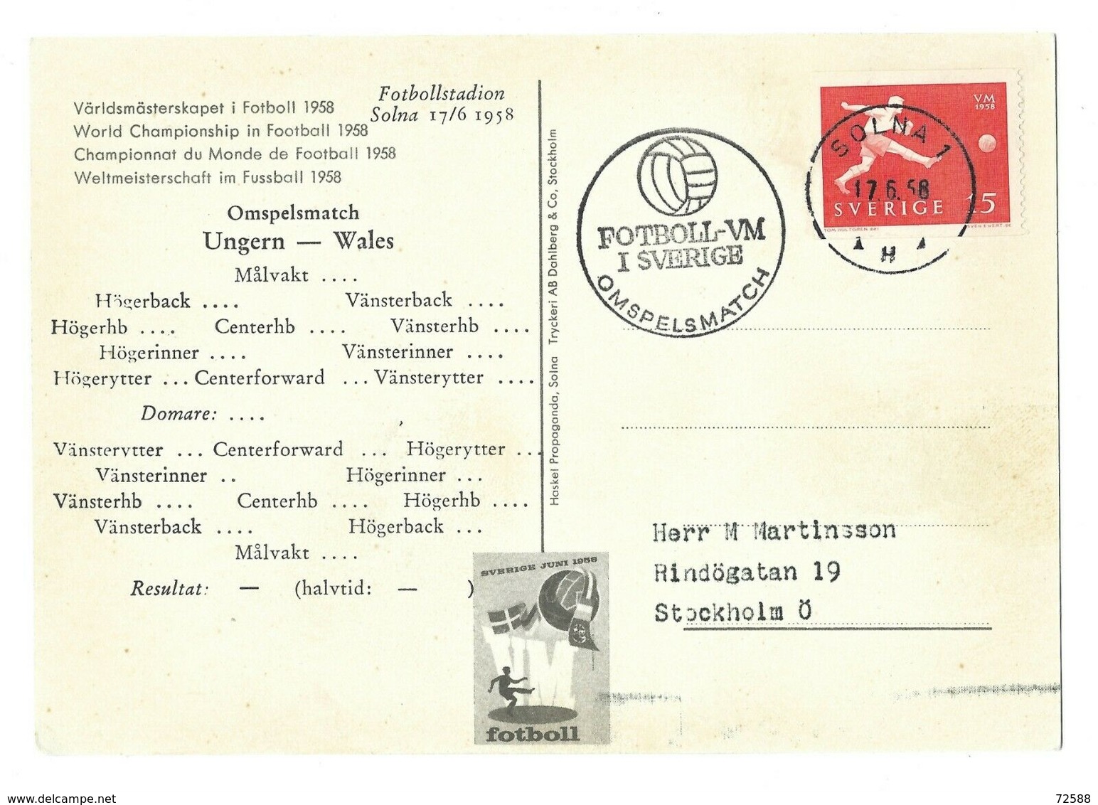 Sweden,postcard, Soccer,football, World Cup- 1958 Stockholm 17.6.58 - 1958 – Schweden