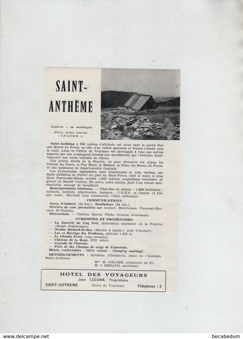 Saint Anthème Colomb Hôtel Des Voyageurs   1963 - Ohne Zuordnung