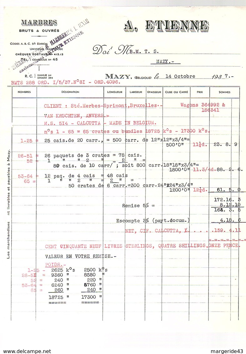 1937 FACTURE  A. ETIENNE MARBRES à MAZY BELGIQUE - 1900 – 1949