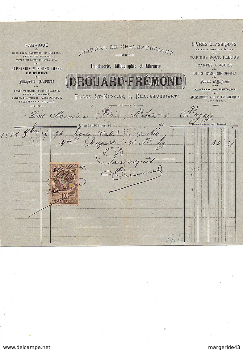 1888  FACTURE DROUARD-FREMOND IMPRIMERIE JOURNAL DE CHATEAUBRIANT - 1800 – 1899