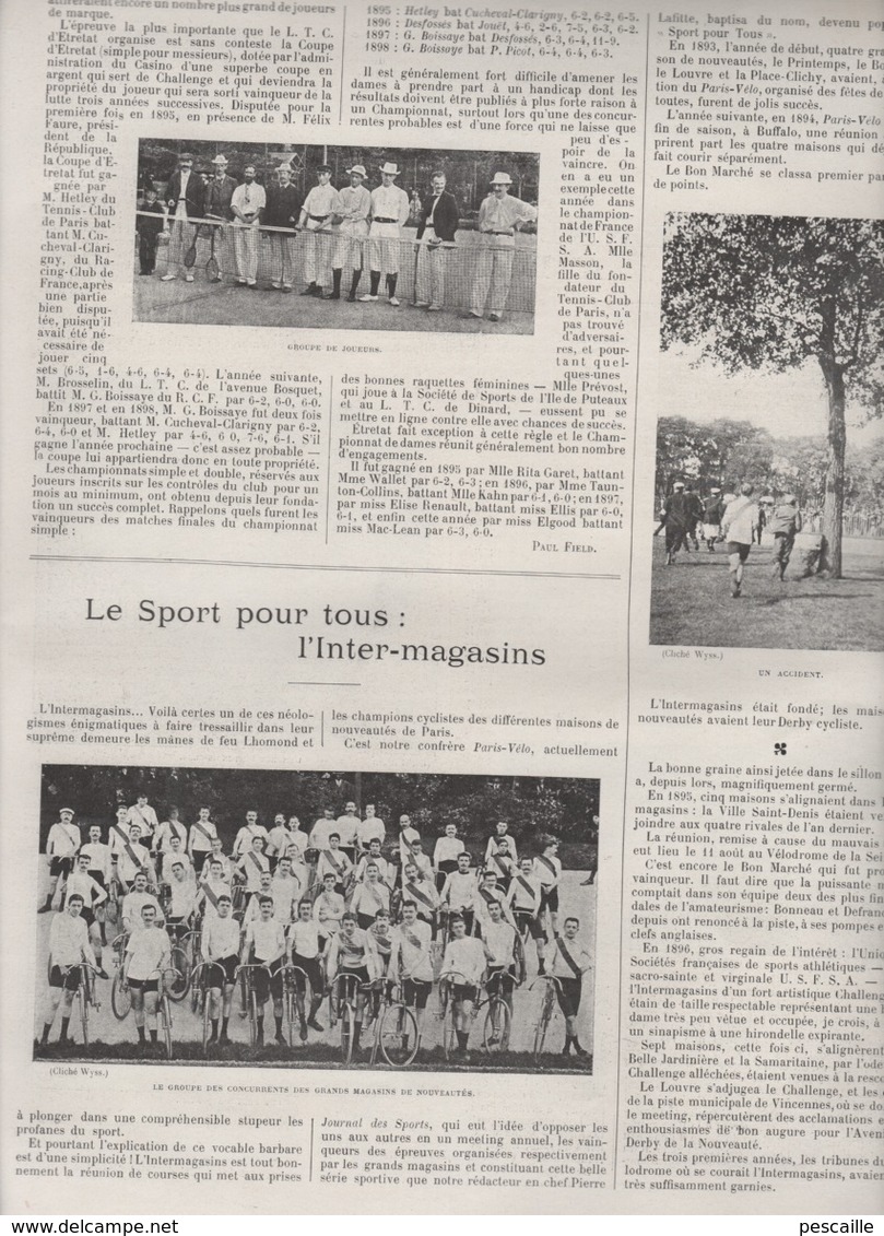 VIE AU GRAND AIR - 15 09 1898 TENNIS ETRETAT - NATATION SEINE PARIS - DRESSAGE CHIEN DE CHASSE - CYCLISME INTER-MAGASINS