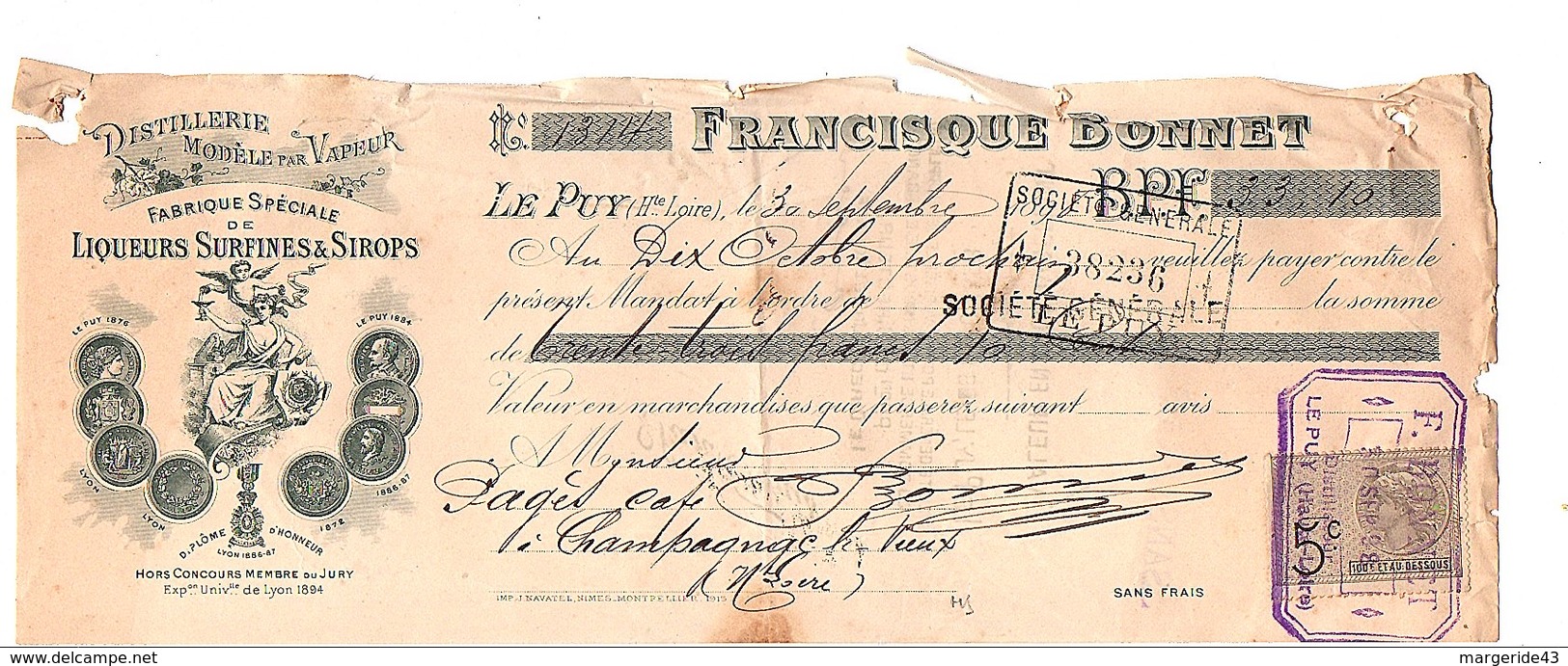 1898 TRAITE FRANCISQUE BONNET DISTILLERIE Au PUY EN VELAY HAUTE LOIRE - 1800 – 1899