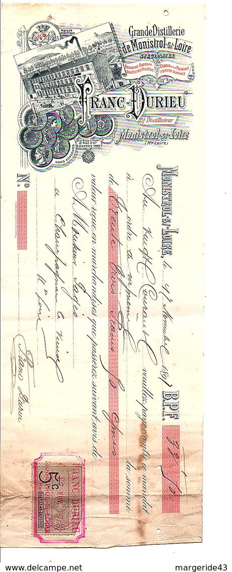 1897 TRAITE FRANC-DURIEU DISTILLERIE à MONISTROL  SUR LOIRE HAUTE LOIRE - 1800 – 1899