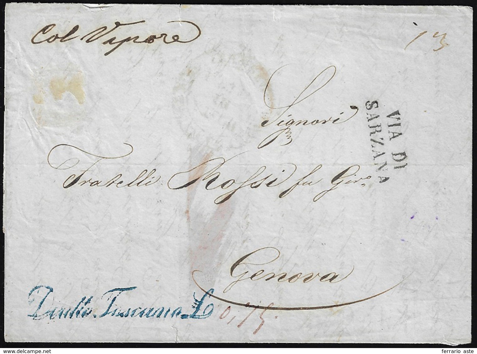 1857 - Lettera Prefilatelica Da Napoli 15/9/1857 A Genova, Per La "Via Di Sarzana". Sul Fronte Il Li... - Toskana