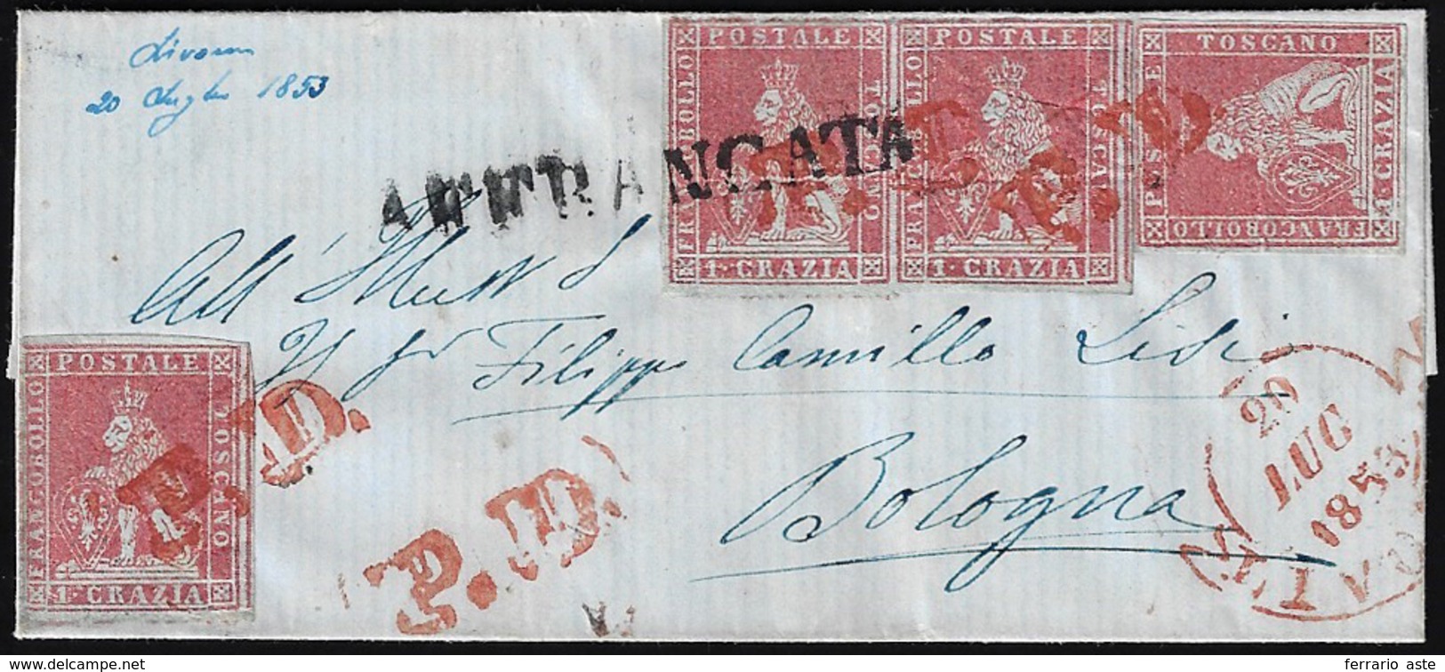 1853 - 1 Crazia Carminio Chiaro Su Grigio (4), Coppia E Due Singoli, Lievi Difetti Di Marginatura, S... - Toskana